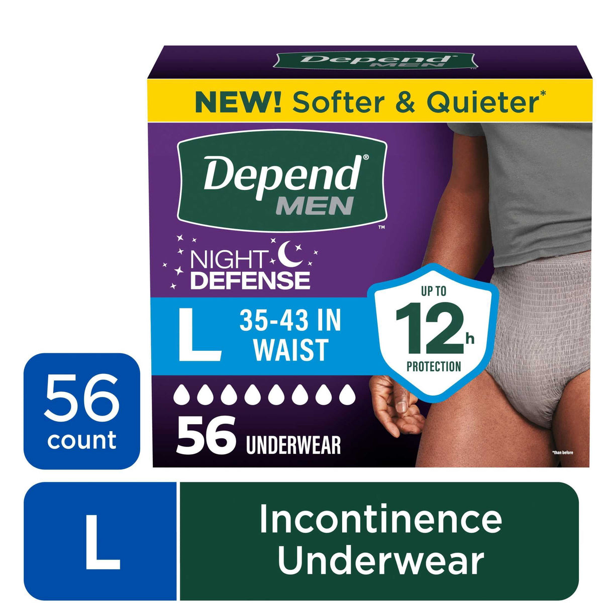 Depend Night Defense Incontinence Underwear for Men, Adult Diapers, L (56 Count)