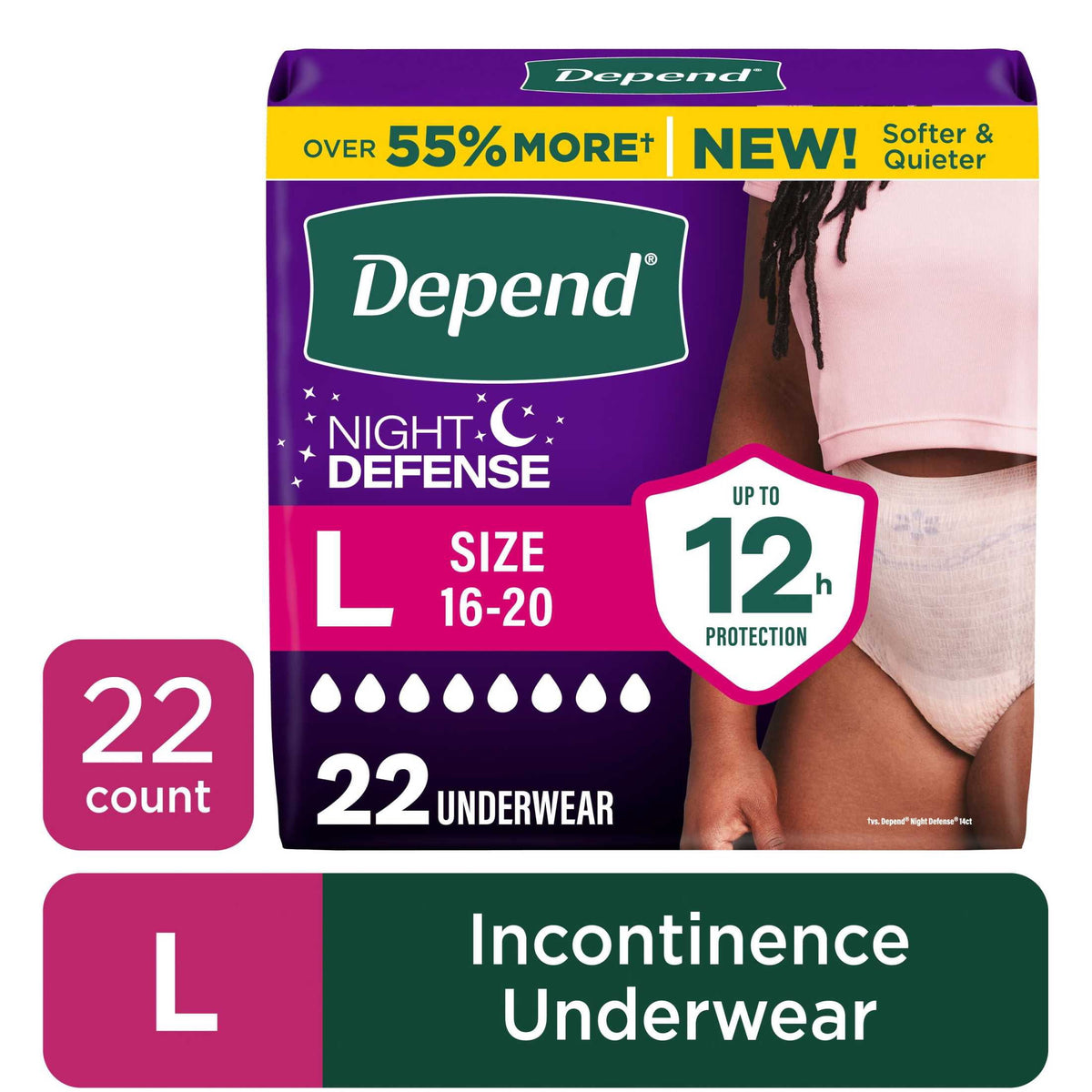 (2 pack) Depend Night Defense Incontinence Underwear for Women, Adult Diapers, L (22 Count)