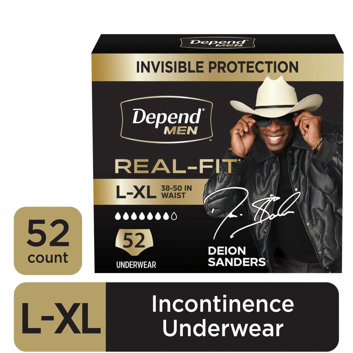 Depend Real Fit Incontinence Underwear for Men, Adult Diapers, L/XL, Black, 52 Count