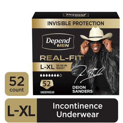 Depend Real Fit Incontinence Underwear for Men, Adult Diapers, L/XL, Black, 52 Count