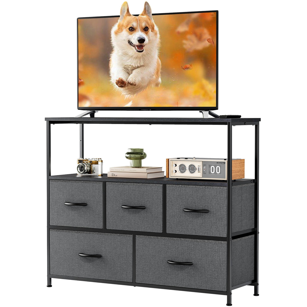 CONCETTA TV Stand Dresser with 5 Fabric Drawers and Open Shelving, Multi-functional Storage Unit Fits TV up to 45 inches for Bedroom Living Room Hallway, Black