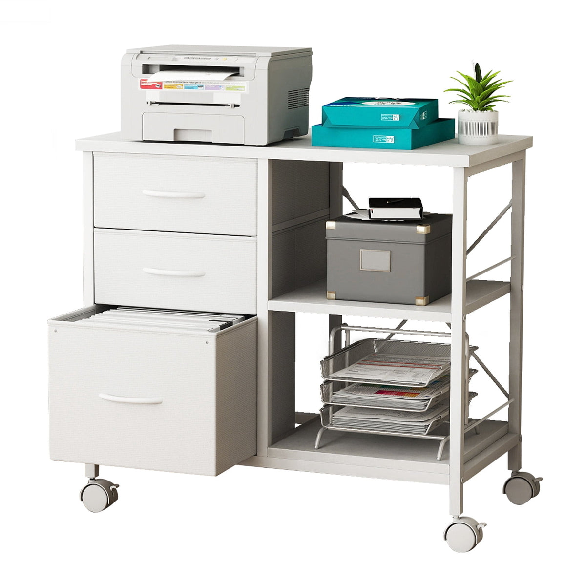 Gianna Rolling File Cabinet with 3 Drawers, Fabric Lateral Filing Storage for A4/Letter Size, Mobile Printer Stand with Open Shelf for Home Office, White