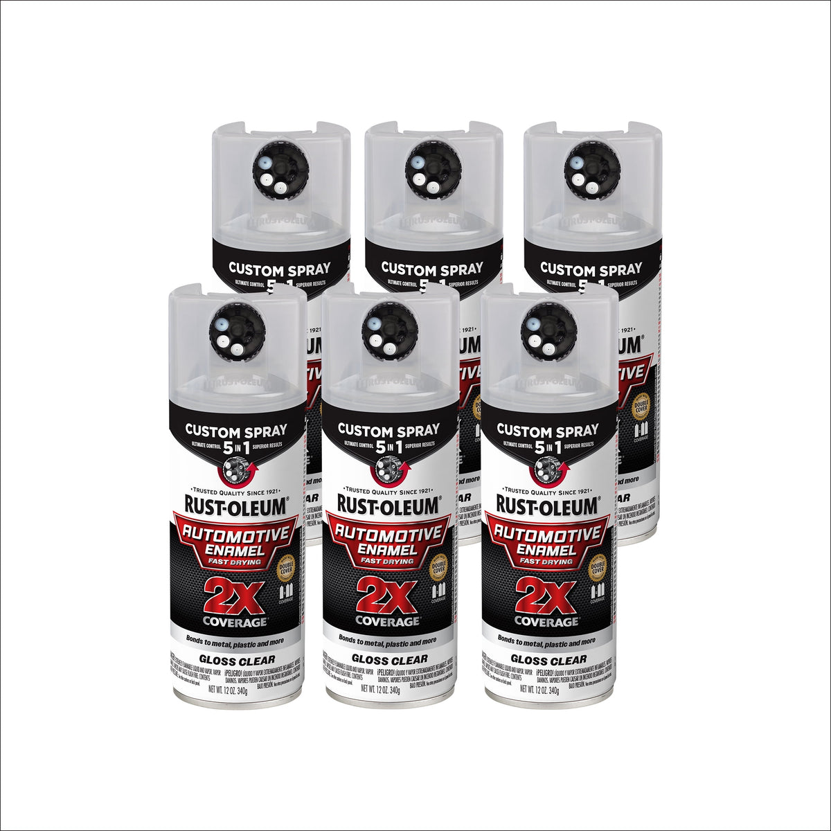 6 Pack, Gloss Clear, Rust-Oleum 2X Automotive Enamel 5 in 1 Spray Paint-394895, 12 oz