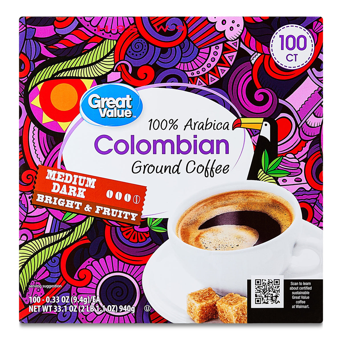 Great Value 100% Arabica French Dark Roast Ground Coffee Pods, 34.9 oz, 100 Count
