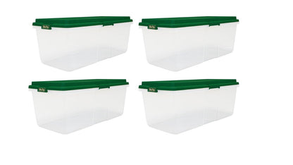 Hefty 113 Quart Clear Plastic Latched Christmas Storage Container, HIRISE Green Lid, Set of 4
