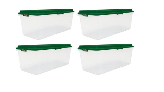 Hefty 113 Quart Clear Plastic Latched Christmas Storage Container, HIRISE Green Lid, Set of 4