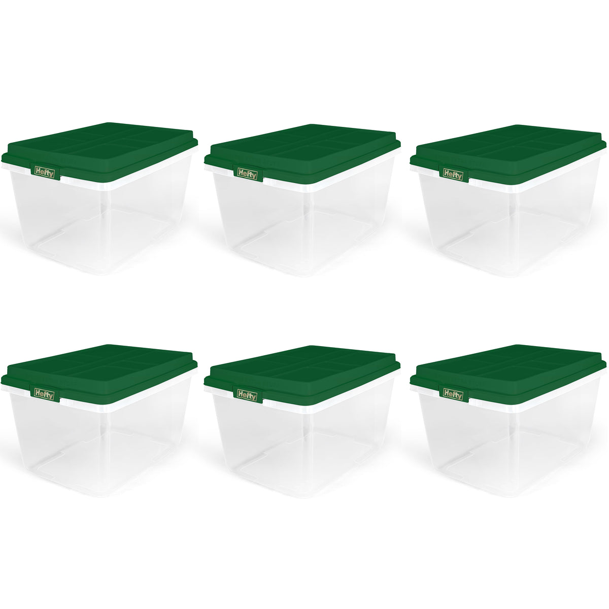 Hefty 72 Quart Clear Plastic Christmas Storage Bin with Holiday Green HIRISE Lid, Set of 6