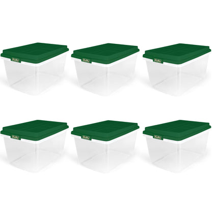 Hefty 72 Quart Clear Plastic Christmas Storage Bin with Holiday Green HIRISE Lid, Set of 6