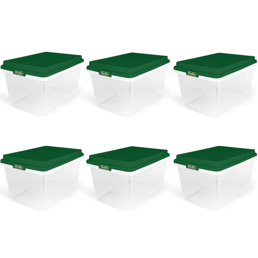 Hefty 72 Quart Clear Plastic Christmas Storage Bin with Holiday Green HIRISE Lid, Set of 6