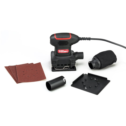 Hyper Tough 2 Amp Corded 1/4-Sheet Palm Sander with Dust Bag, Vacuum Hose Adapter, Punch Plate & 3 Sanding Sheets