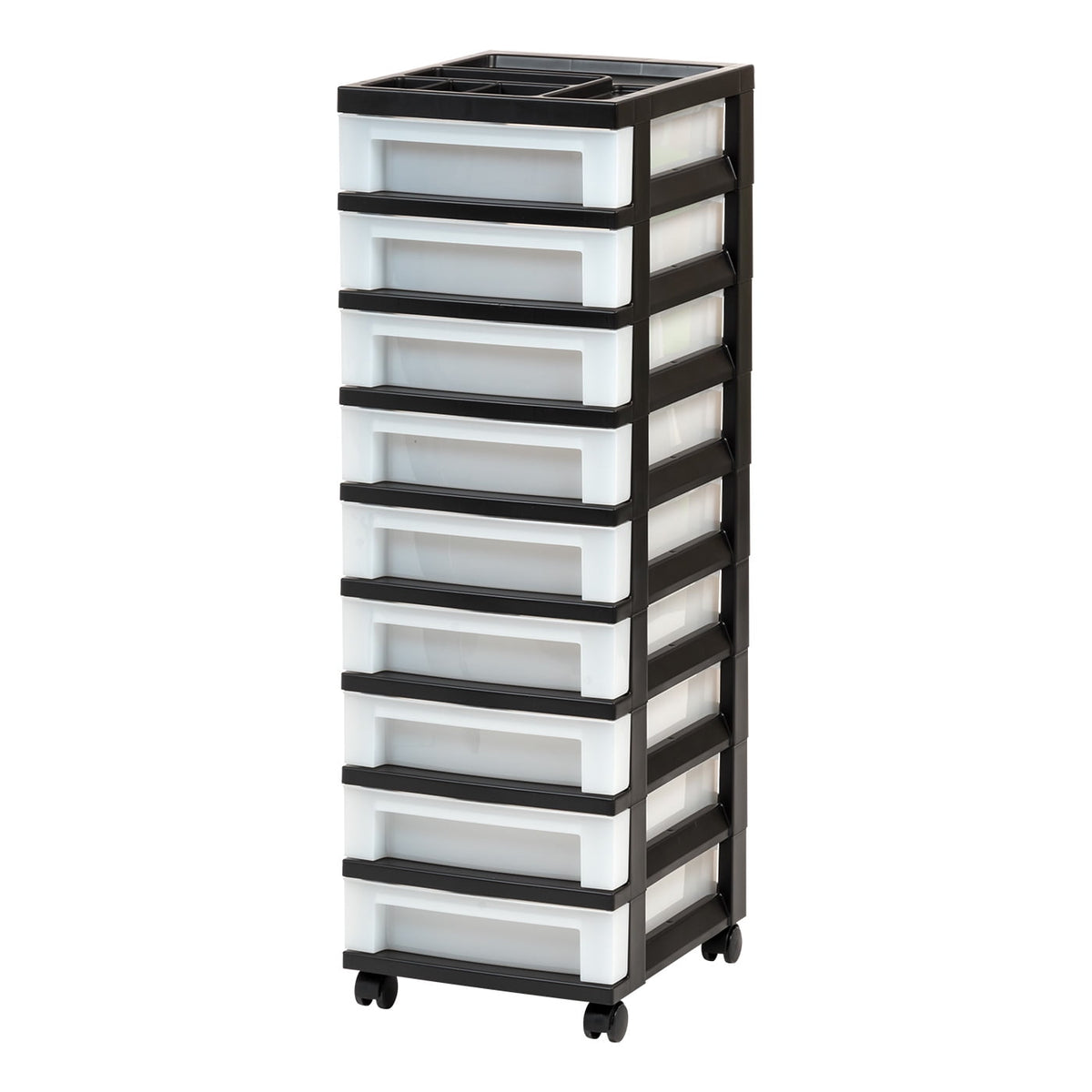 IRIS 9-Drawer Narrow Plastic Storage Drawer Cart with Organizer Top, Black