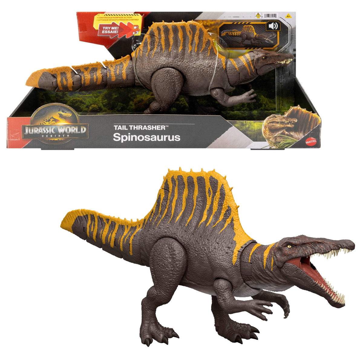 Jurassic World Rebirth Tail Thrasher Spinosaurus Action Figure, Dinosaur Toy with 2 Attack Moves