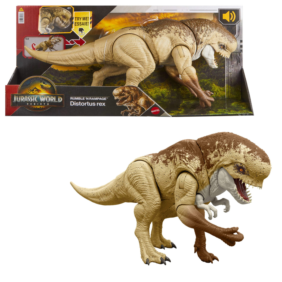 Jurassic World Rebirth Distortus Rex, Drex Action Figure, 22 Inch Rumble N Rampage Dinosaur Toy