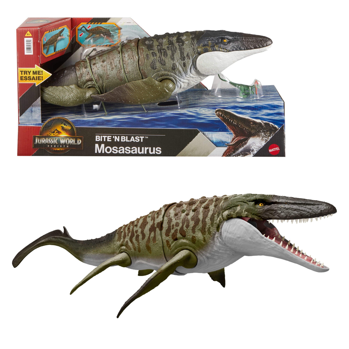 Jurassic World Rebirth Bite N Blast Mosasaurus Action Figure and Mini Dilophosaurus, Dinosaur Toy