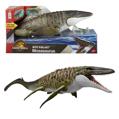 Jurassic World Rebirth Bite N Blast Mosasaurus Action Figure and Mini Dilophosaurus, Dinosaur Toy