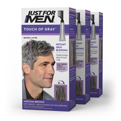 Just For Men Touch of Gray Haircolor, Gray Men's Hair Color - T-55 Black, (Pack of 3)