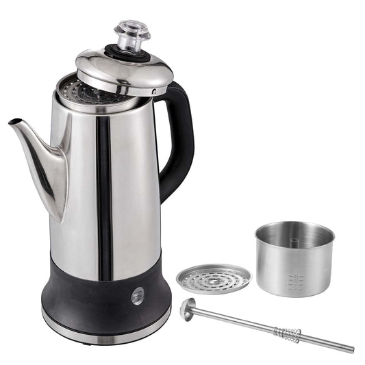 KFFKFF 12-Cup Electric Percolator Coffee Pot Stainless Steel Coffee Maker Silver