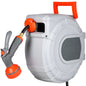 KFFKFF Retractable Garden Hose Reel, 1/2 in x 50 ft, Wall-Mounted with 9-Pattern Spray Nozzle, 180° Swivel Bracket, Adjustable Length Lock, Automatic Slow Rewind for Watering Tasks