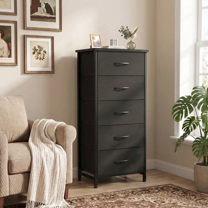 Kelno 5 Drawer Fabric Dresser Steel Frame Storage Chest Organizer with Wood Top, Rustic Brown