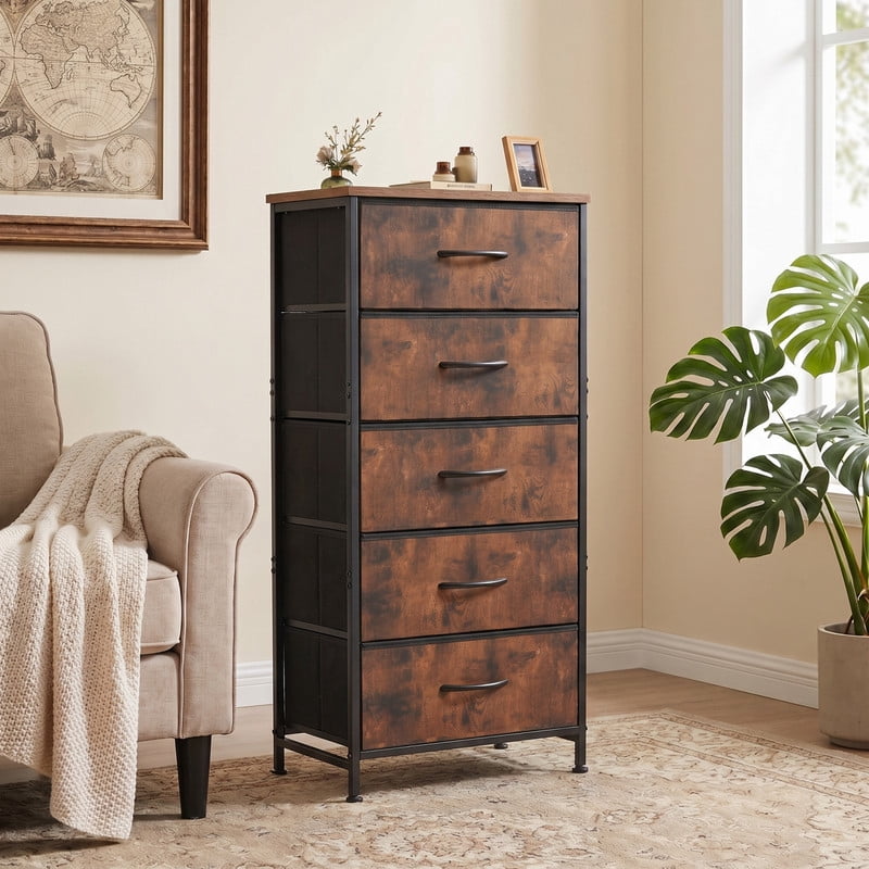 Kelno 5 Drawer Fabric Dresser Steel Frame Storage Chest Organizer with Wood Top, Rustic Brown