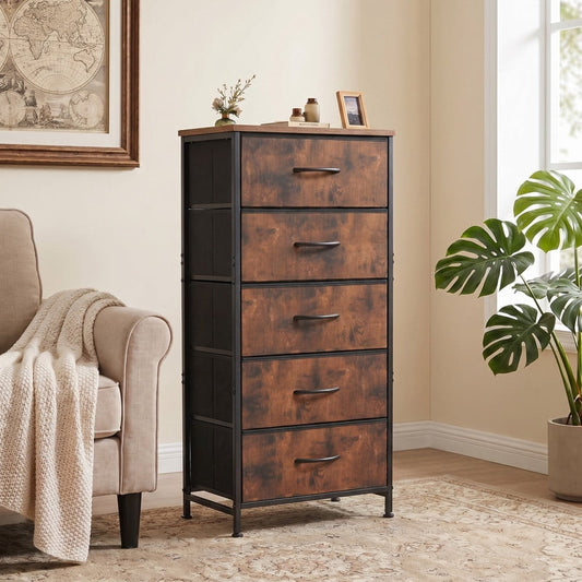 Kelno 5 Drawer Fabric Dresser Steel Frame Storage Chest Organizer with Wood Top, Rustic Brown