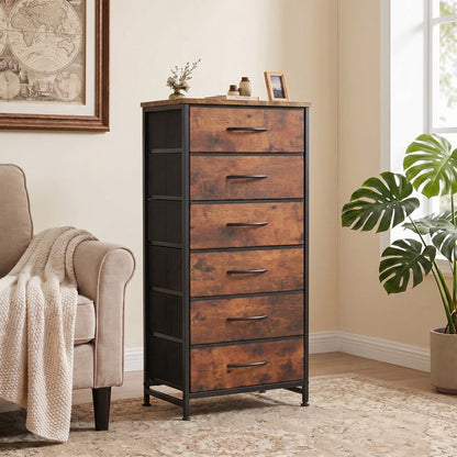 Kelno 5 Drawer Fabric Dresser Steel Frame Storage Chest Organizer with Wood Top, Gray