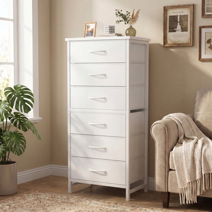 Kelno 5 Drawer Fabric Dresser Steel Frame Storage Chest Organizer with Wood Top, Rustic Brown