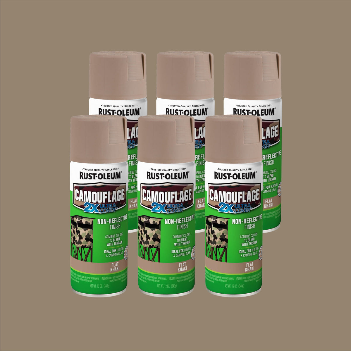 (6 pack) Army Green, Rust-Oleum Camouflage 2X Ultra Cover Flat Spray Paint-279176, 12 oz