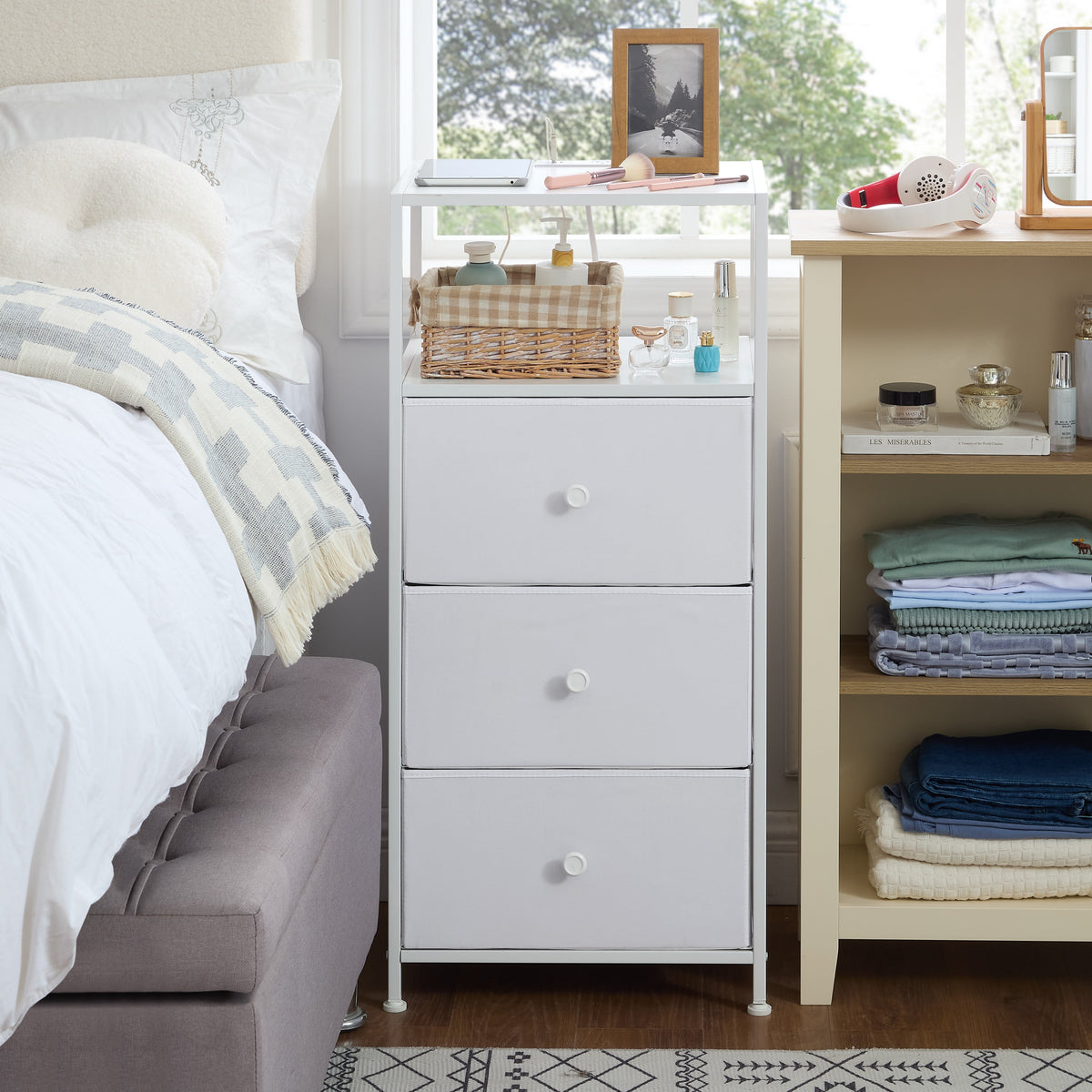 Mainstays 3 Drawer Fabric Nightstand with USB, Arctic White Boucle