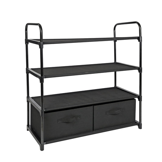 Mainstays 4-Shelf Closet Organizer with 2 Fabric Bins, Black, Metal Frame