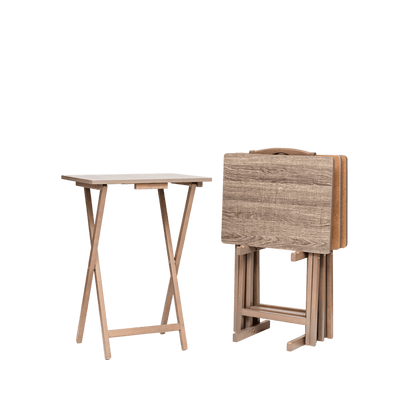 Mainstays 5-Piece Solid Rubberwood Folding TV Tray Set with Storage Rack, Natural