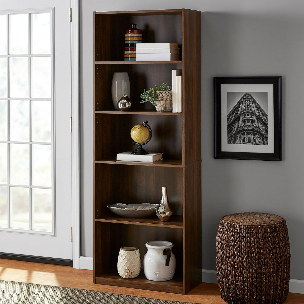 Mainstays 5-Shelf Bookcase with Adjustable Shelves, True Black Oak