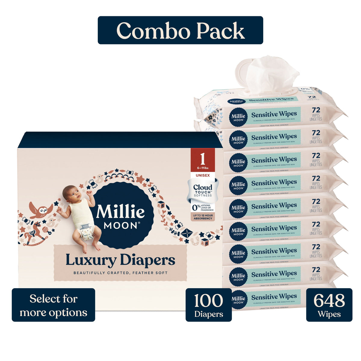 Millie Moon Luxury Diapers, Size 3, 80 Count, and Millie Moon Sensitive Baby Wipes, 9 Pack, 648 Wipes (Select for More Options)