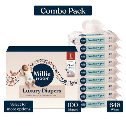 Millie Moon Luxury Diapers, Size 3, 80 Count, and Millie Moon Sensitive Baby Wipes, 9 Pack, 648 Wipes (Select for More Options)