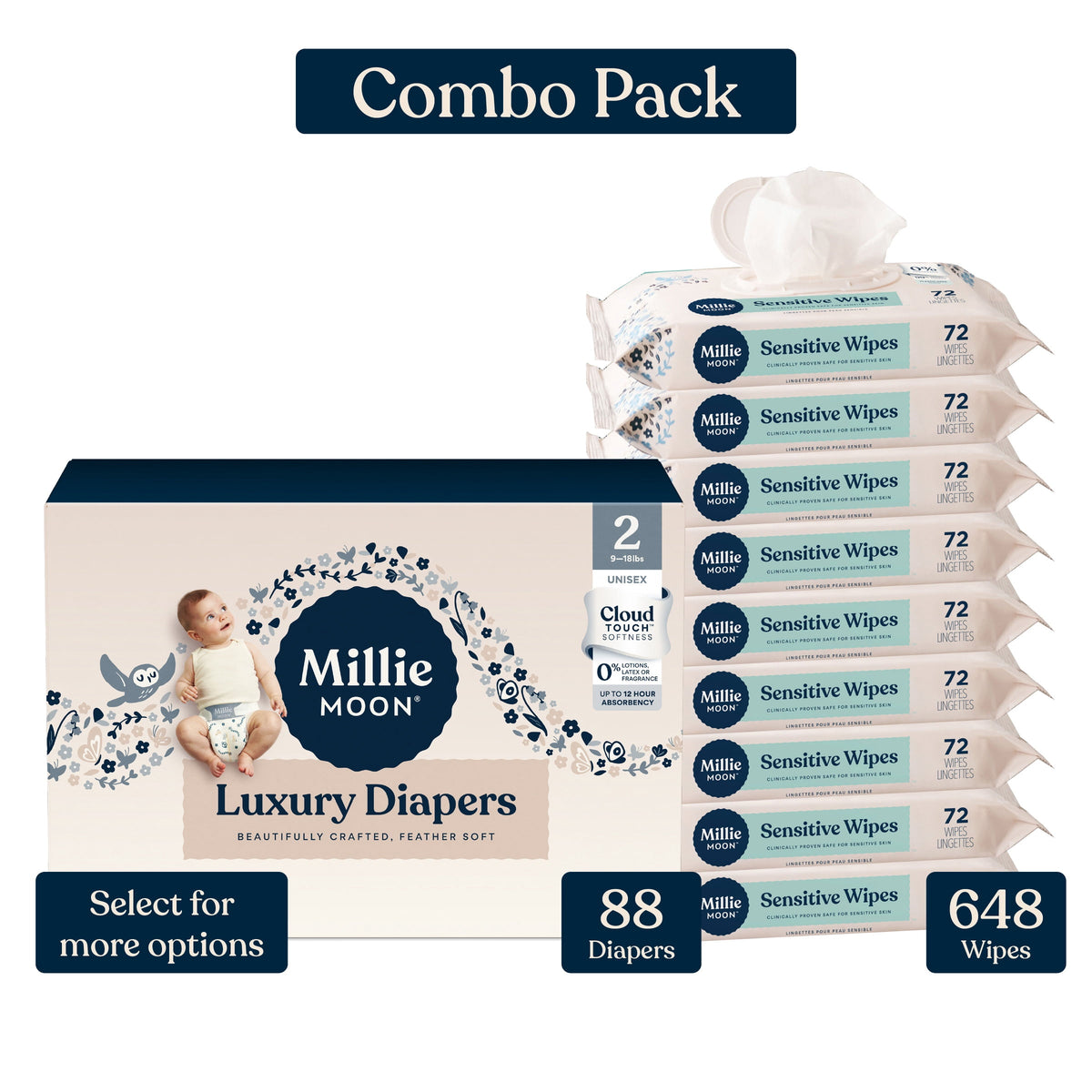Millie Moon Luxury Diapers, Size 3, 80 Count, and Millie Moon Sensitive Baby Wipes, 9 Pack, 648 Wipes (Select for More Options)