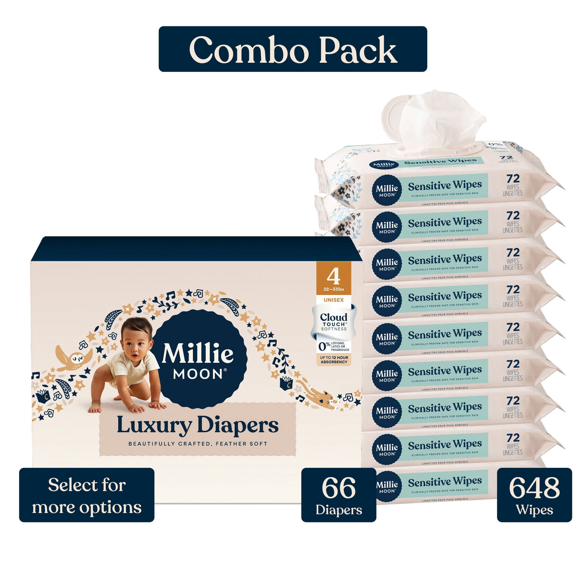 Millie Moon Luxury Diapers, Size 3, 80 Count, and Millie Moon Sensitive Baby Wipes, 9 Pack, 648 Wipes (Select for More Options)