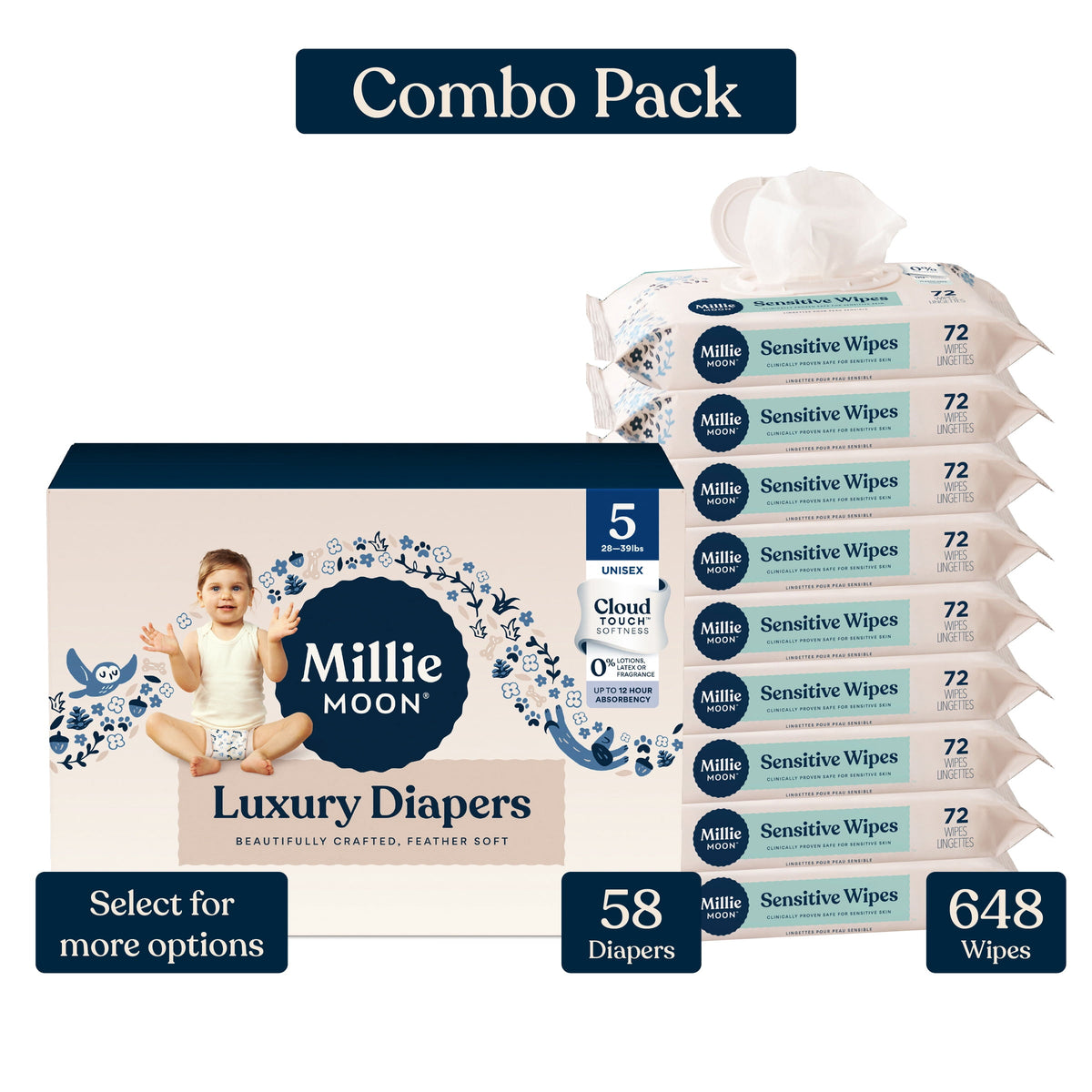 Millie Moon Luxury Diapers, Size 3, 80 Count, and Millie Moon Sensitive Baby Wipes, 9 Pack, 648 Wipes (Select for More Options)
