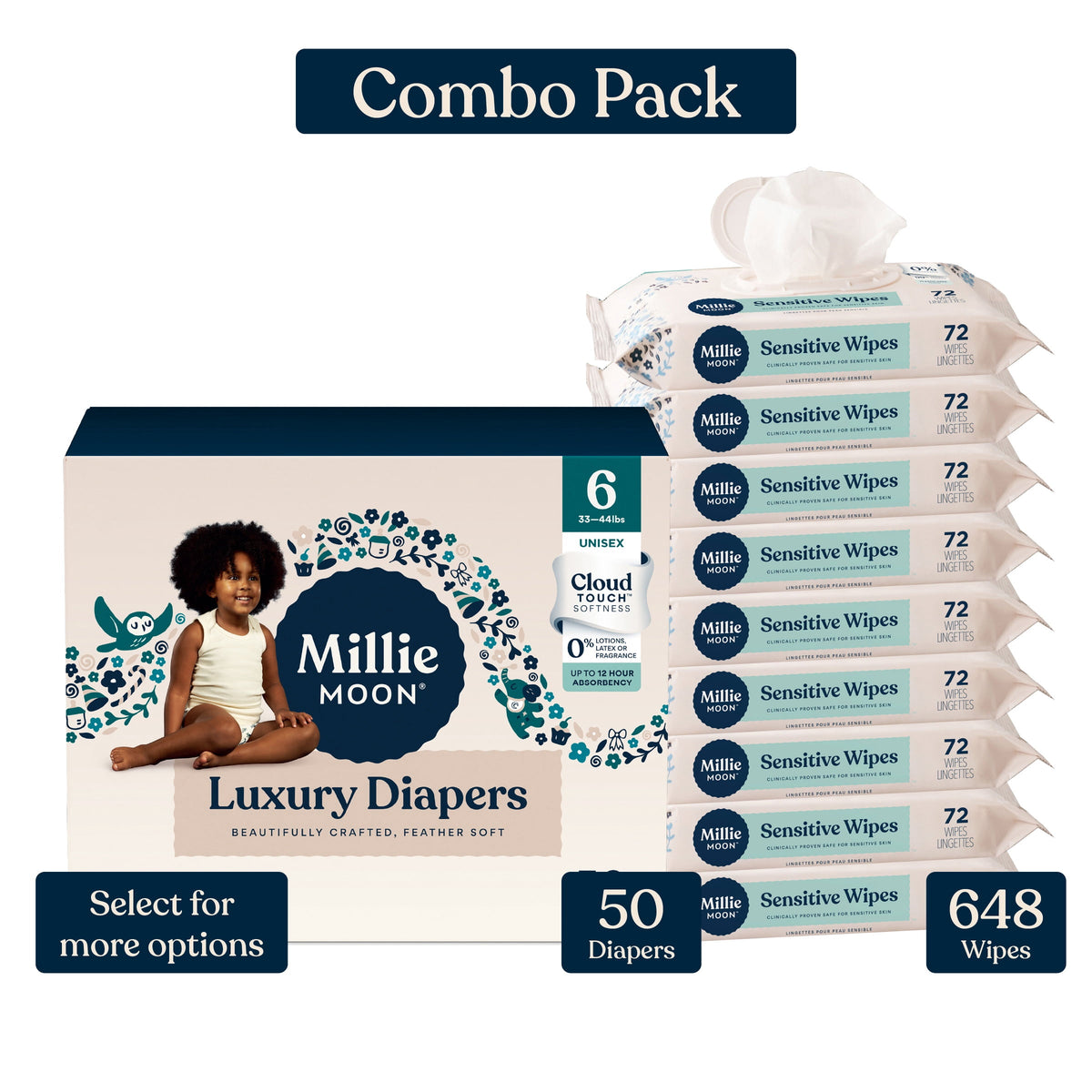 Millie Moon Luxury Diapers, Size 3, 80 Count, and Millie Moon Sensitive Baby Wipes, 9 Pack, 648 Wipes (Select for More Options)