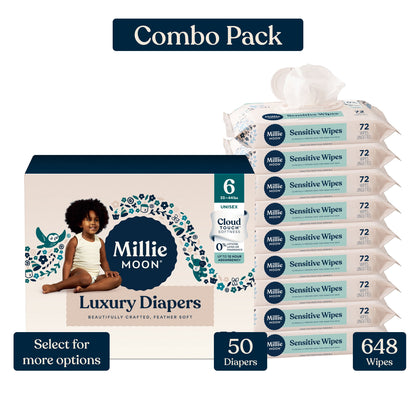 Millie Moon Luxury Diapers, Size 3, 80 Count, and Millie Moon Sensitive Baby Wipes, 9 Pack, 648 Wipes (Select for More Options)
