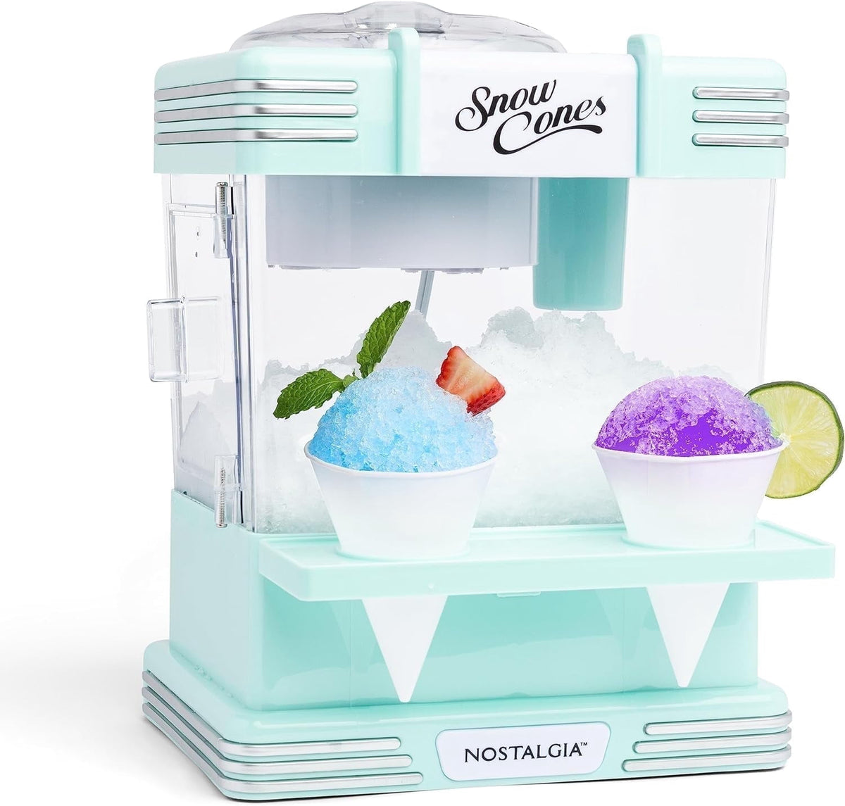 Nostalgia Snow Cone Maker, Tabletop Shaved Ice Machine with 2 Reusable Cones and Ice Scoop, Red