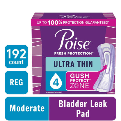 Poise Ultra Thin Incontinence Pads, 4 Drop Moderate Absorbency, Regular Length, 144 Count