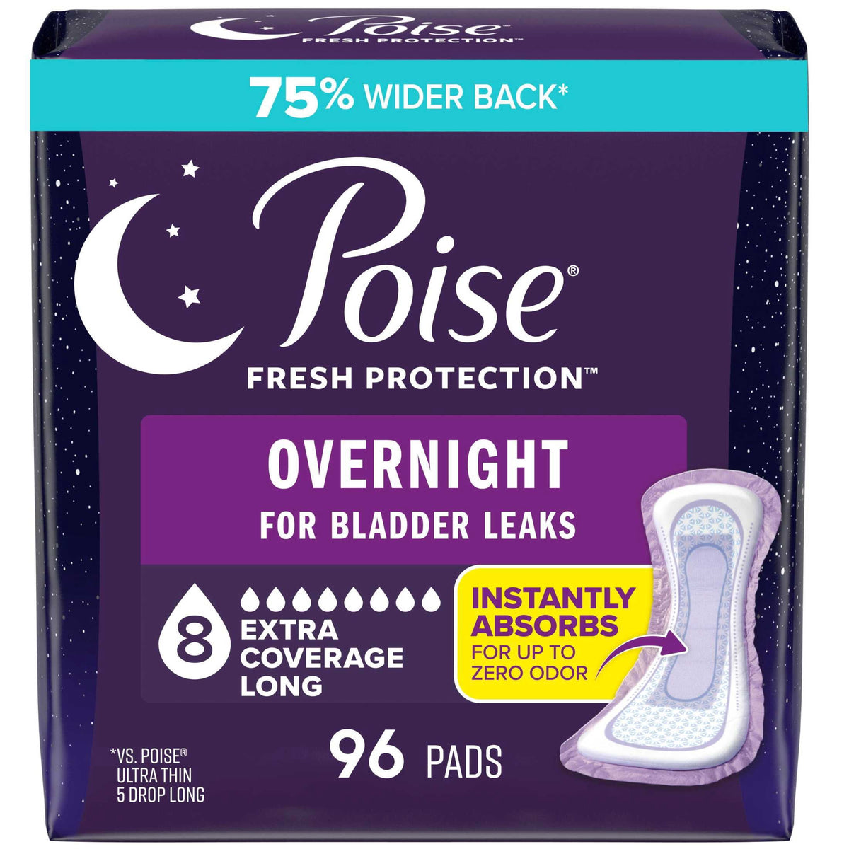 Poise Women's Overnight Incontinence Pads, Extra Coverage (72 Count)