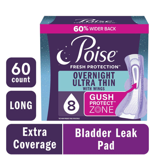 Poise Overnight Ultra Thin Incontinence Pads with Wings, 8 Drop Extra Absorbent, 60 Count