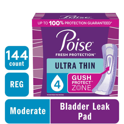 Poise Ultra Thin Incontinence Pads, 4 Drop Moderate Absorbency, Regular Length, 144 Count
