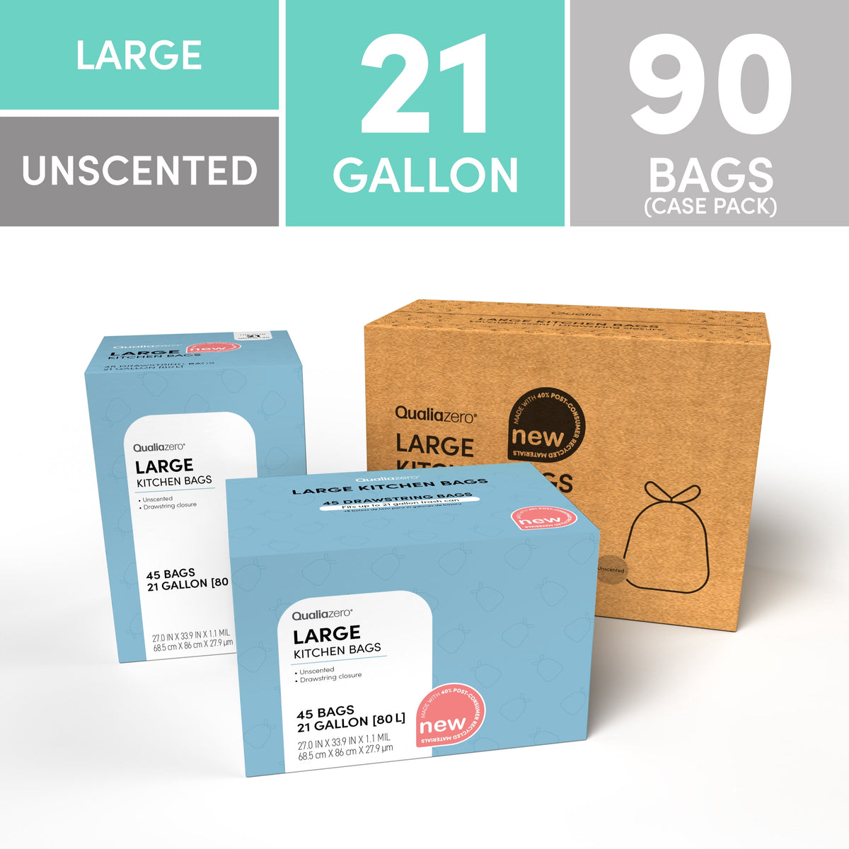 Qualiazero Unscented 21 Gallon Drawstring Trash Bags, 90 Count