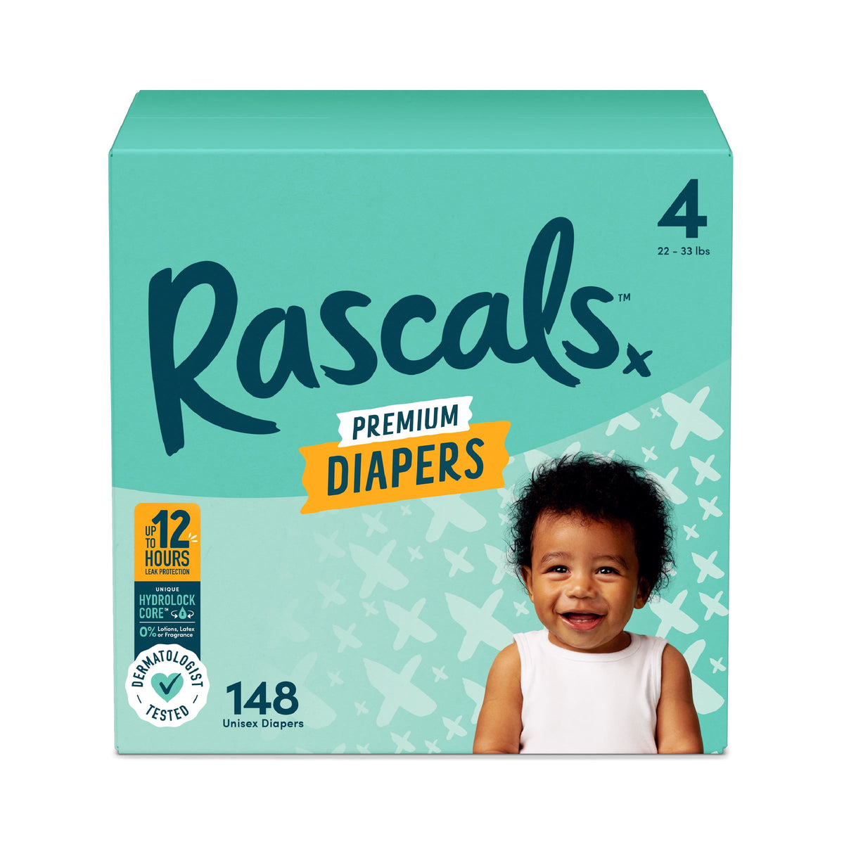 Rascals Premium Absorbent Baby Diapers Size 4, 148 Count