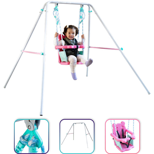 Sportspower Indoor/Outdoor My First Toddler Metal Swing with Safety Harness, Foldable Frame
