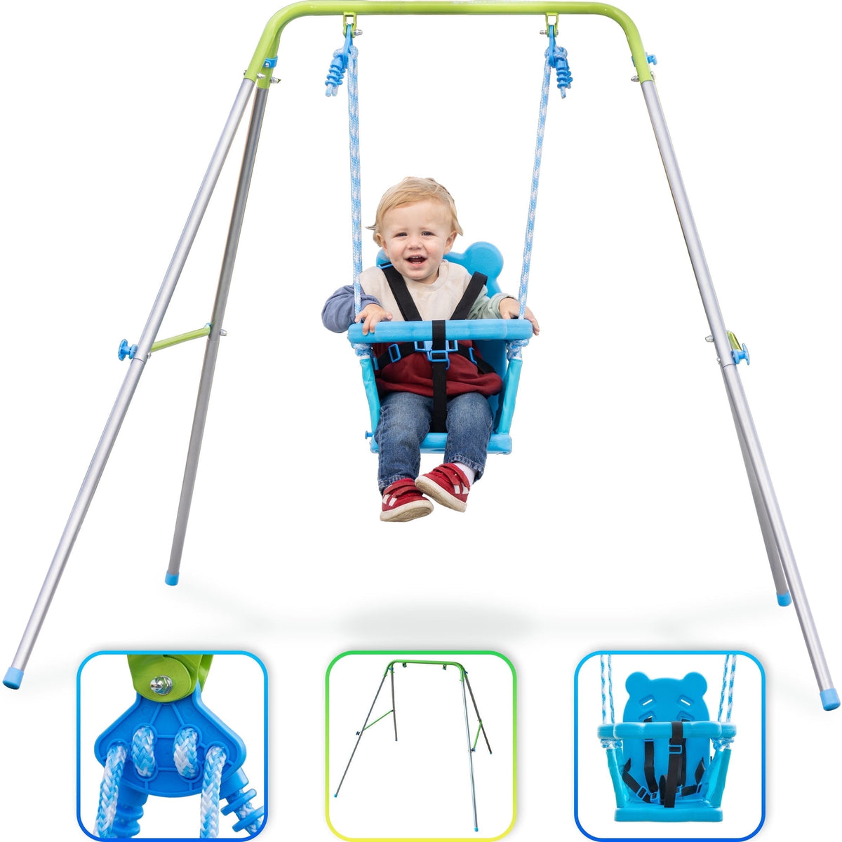 Sportspower Indoor/Outdoor My First Toddler Metal Swing with Safety Harness, Foldable Frame