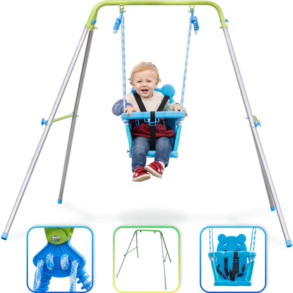 Sportspower Indoor/Outdoor My First Toddler Metal Swing with Safety Harness, Foldable Frame