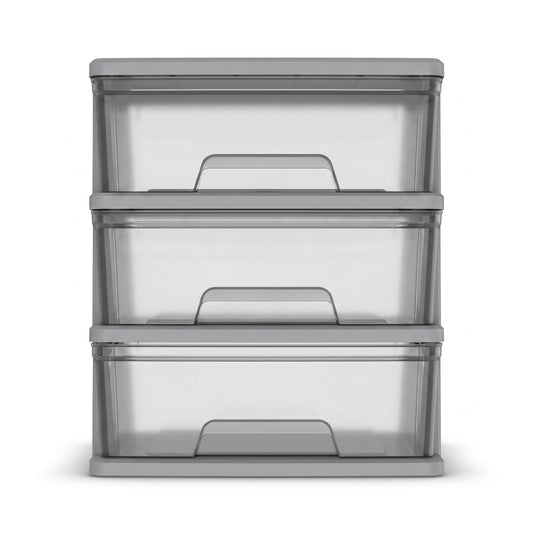 Starplast 3-Drawer Organization Tower Wide Storage Cart, Silver Plastic